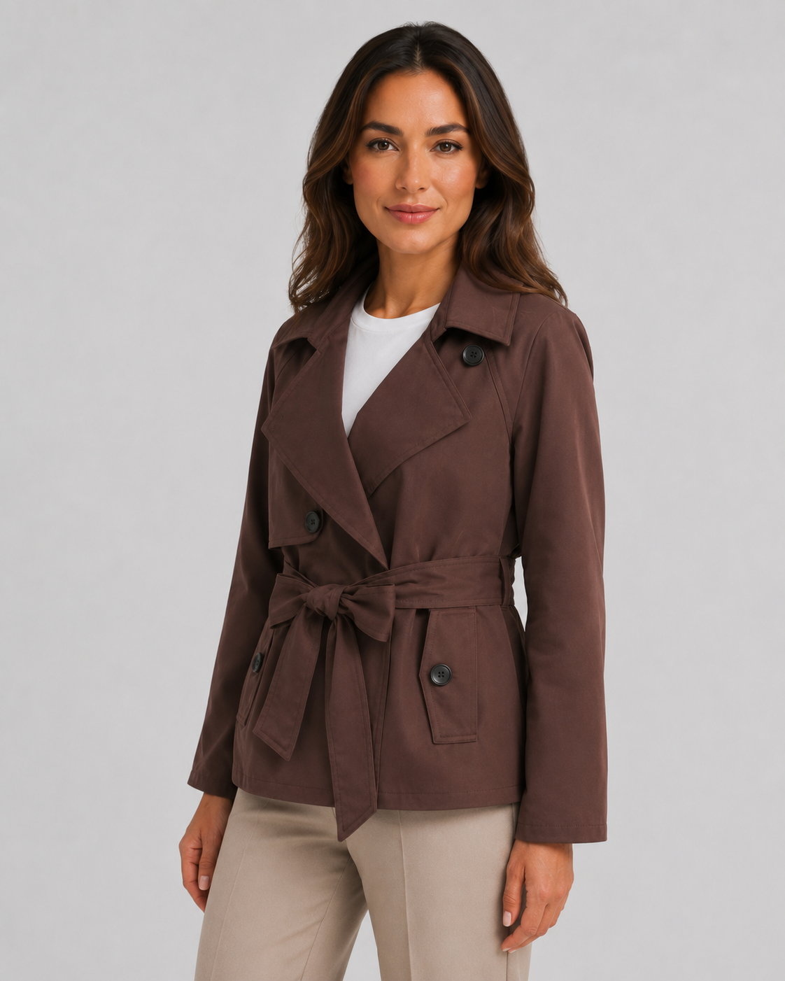 Women's Cropped Trench Coat - Double Breasted Tie Waist