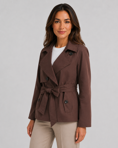 Women's Cropped Trench Coat - Double Breasted Tie Waist