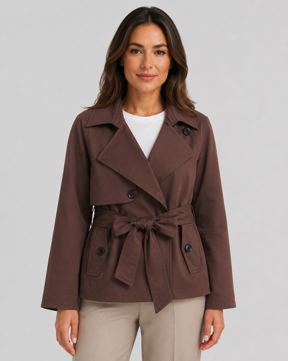 Women's Cropped Trench Coat - Double Breasted Tie Waist