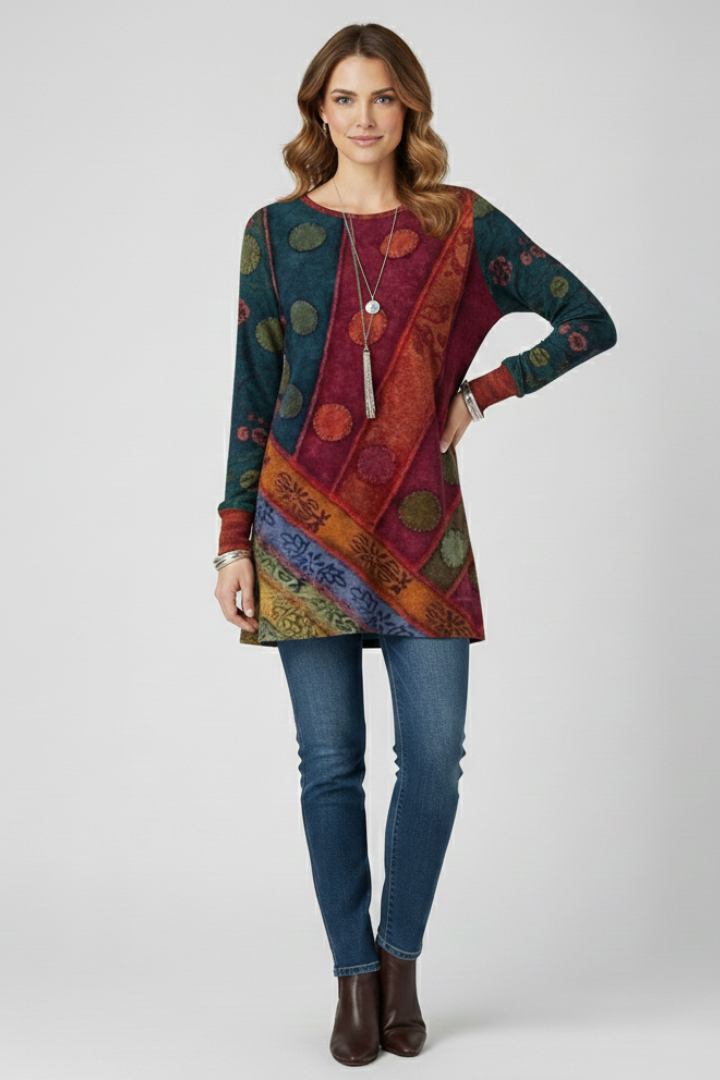 Aspen | Multicolor Patchwork Tunic Top with Ribbed Cuff Details