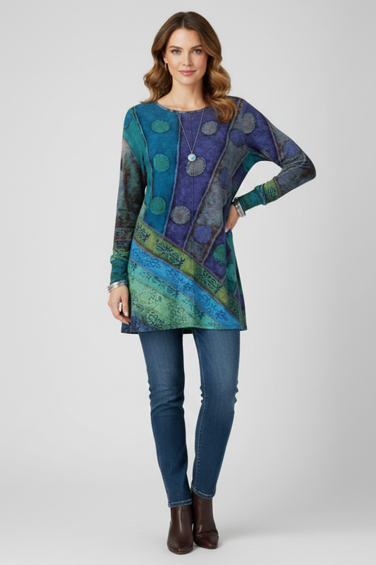 Aspen | Multicolor Patchwork Tunic Top with Ribbed Cuff Details