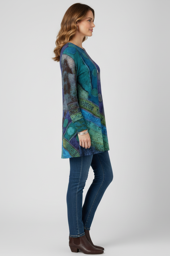 Aspen | Multicolor Patchwork Tunic Top with Ribbed Cuff Details