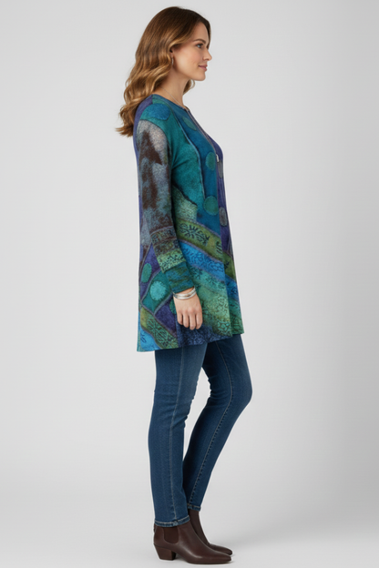 Aspen | Multicolor Patchwork Tunic Top with Ribbed Cuff Details