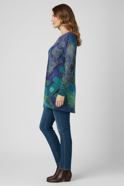 Aspen | Multicolor Patchwork Tunic Top with Ribbed Cuff Details