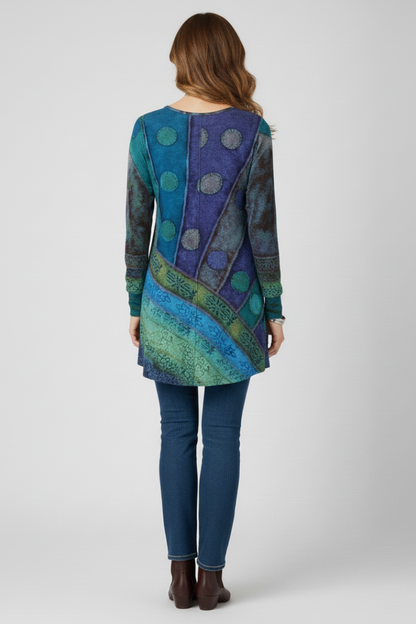 Aspen | Multicolor Patchwork Tunic Top with Ribbed Cuff Details