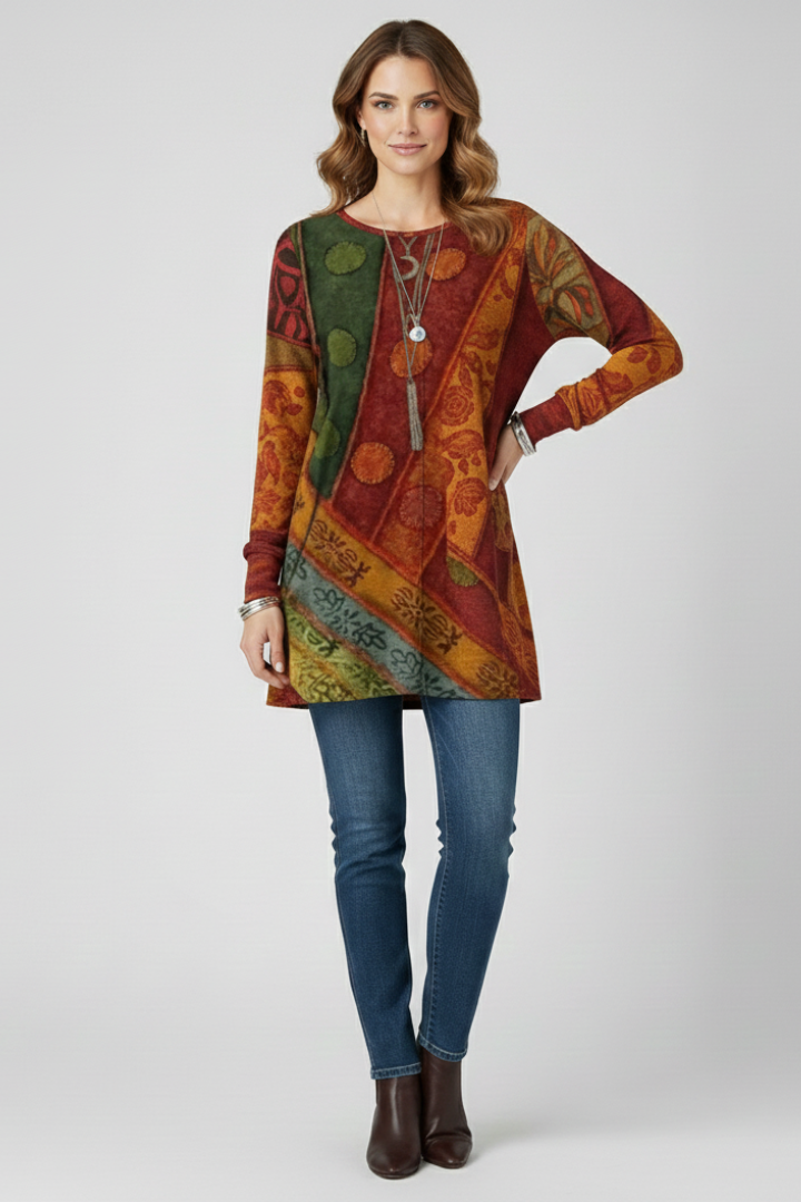 Aspen | Multicolor Patchwork Tunic Top with Ribbed Cuff Details