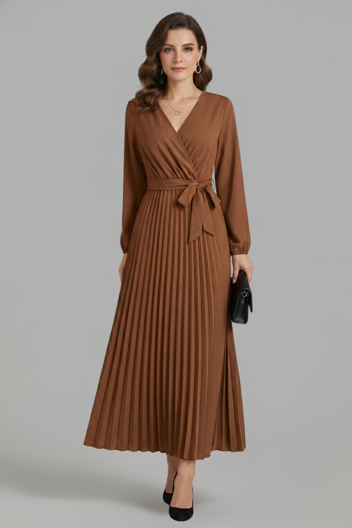 Maristelle | Timeless Pleated Tie Waistband Maxi Dress Women Elegant