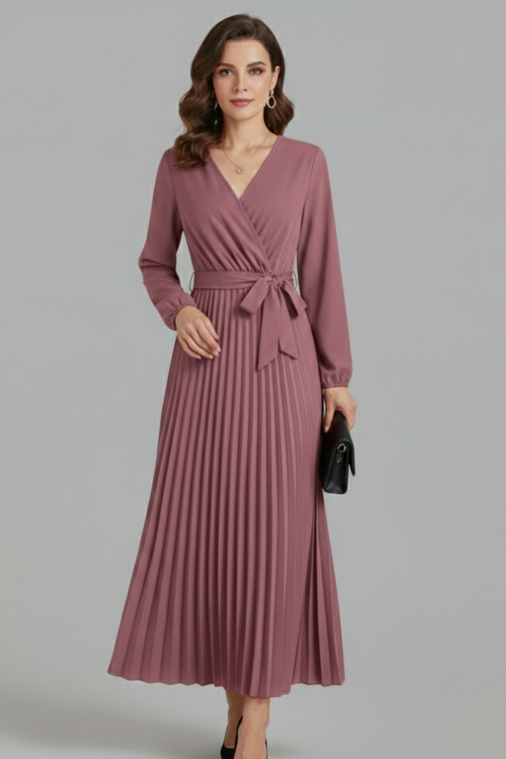 Maristelle | Timeless Pleated Tie Waistband Maxi Dress Women Elegant