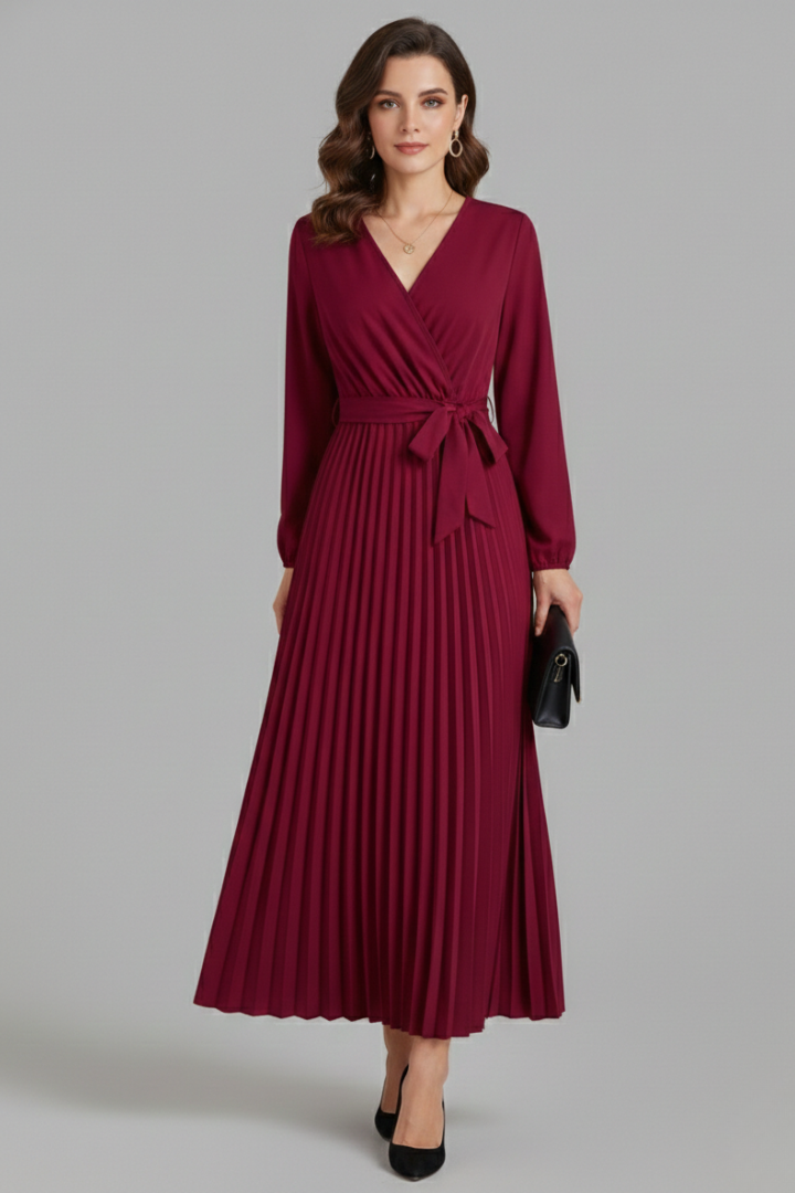 Maristelle | Timeless Pleated Tie Waistband Maxi Dress Women Elegant