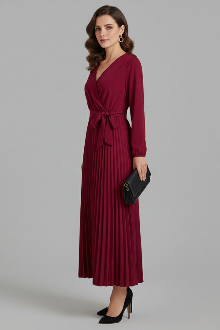 Maristelle | Timeless Pleated Tie Waistband Maxi Dress Women Elegant