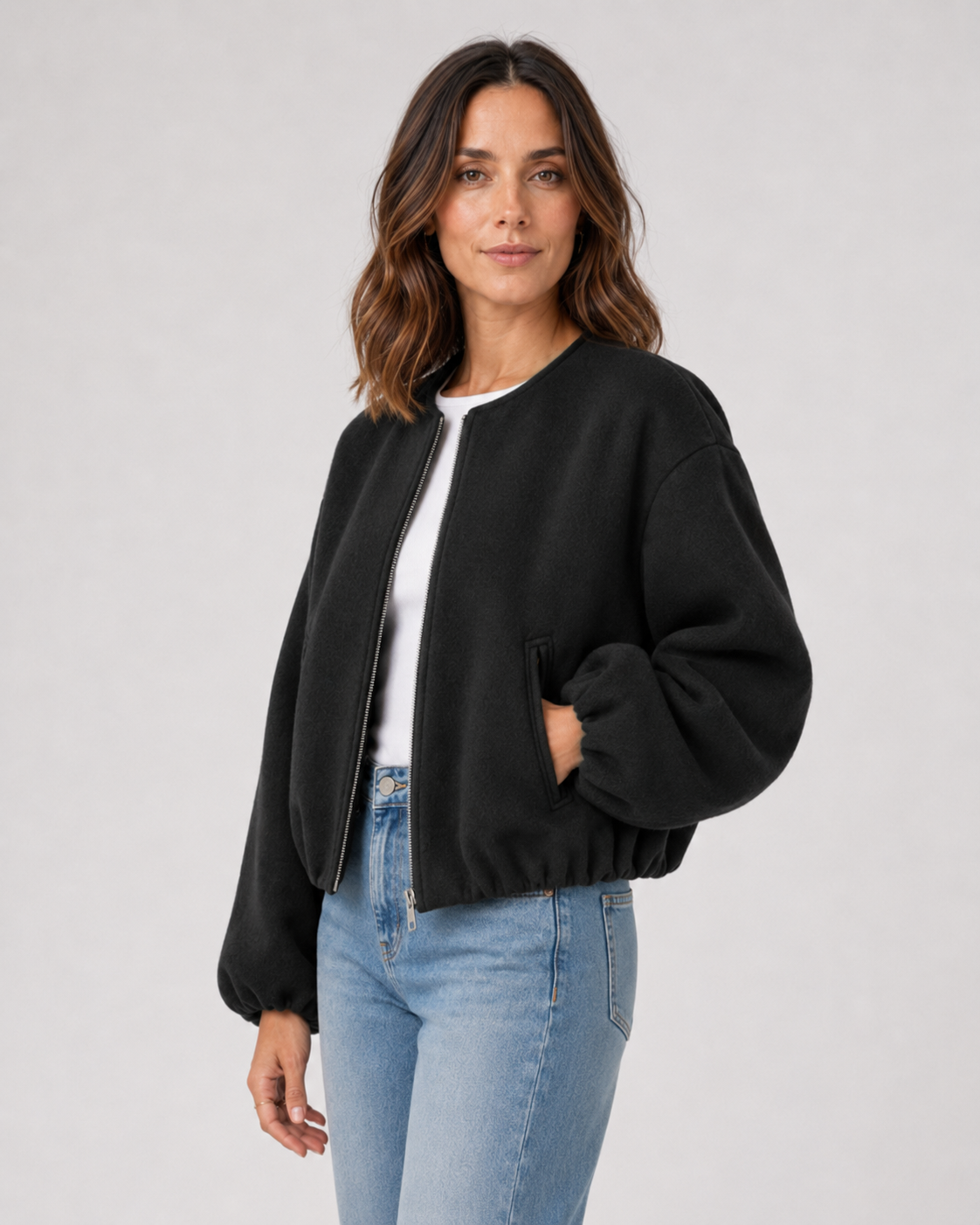 Women's Wool Blend Bomber Jacket - Cropped Winter Jacket