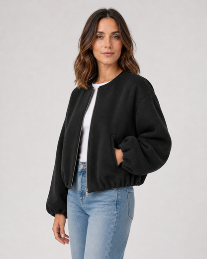 Women's Wool Blend Bomber Jacket - Cropped Winter Jacket