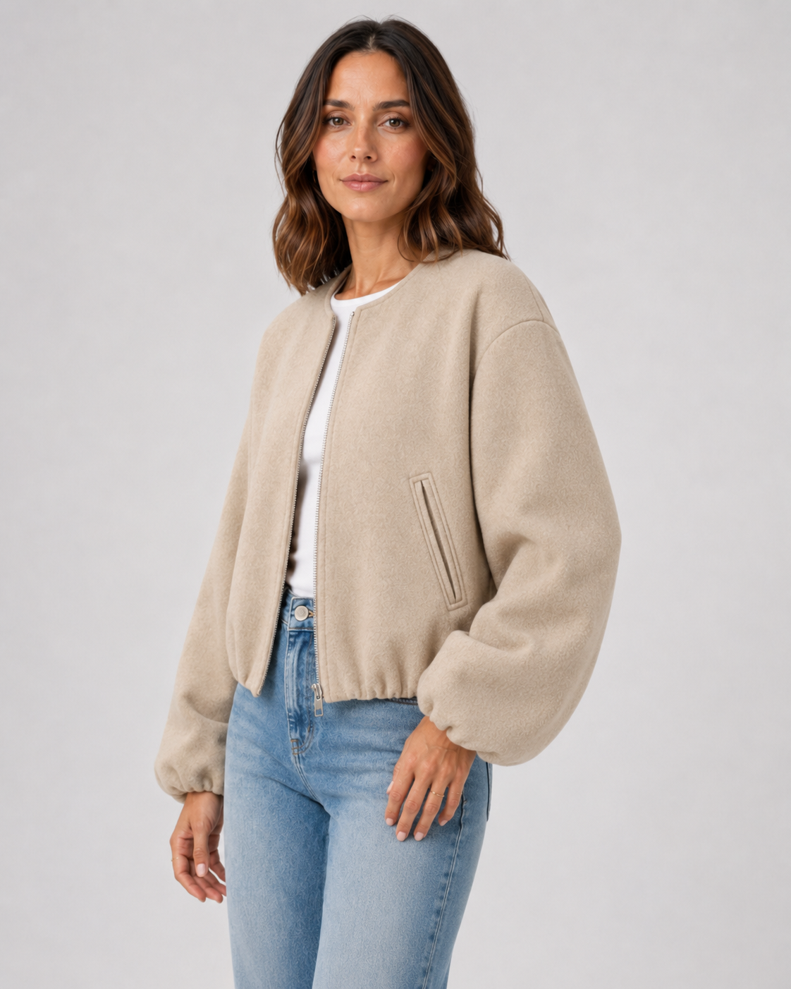 Women's Wool Blend Bomber Jacket - Cropped Winter Jacket