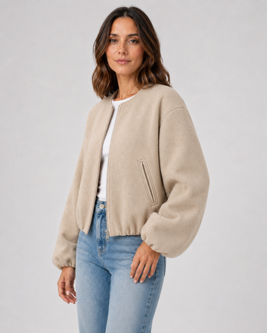 Women's Wool Blend Bomber Jacket - Cropped Winter Jacket