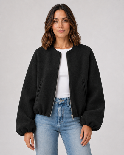 Women's Wool Blend Bomber Jacket - Cropped Winter Jacket