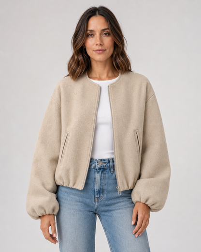 Women's Wool Blend Bomber Jacket - Cropped Winter Jacket