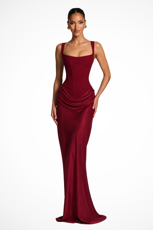 Women's Elegant Corset Draped Maxi Dress | Refined Formal Wedding Guest Gown 0