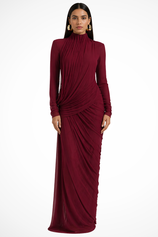 Women's Elegant Draped Maxi Dress | Sophisticated High Neck Long Sleeve Formal Gown 0