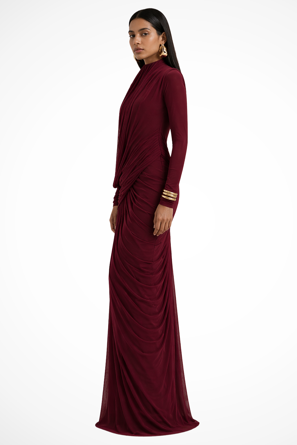 Women's Elegant Draped Maxi Dress | Sophisticated High Neck Long Sleeve Formal Gown 1