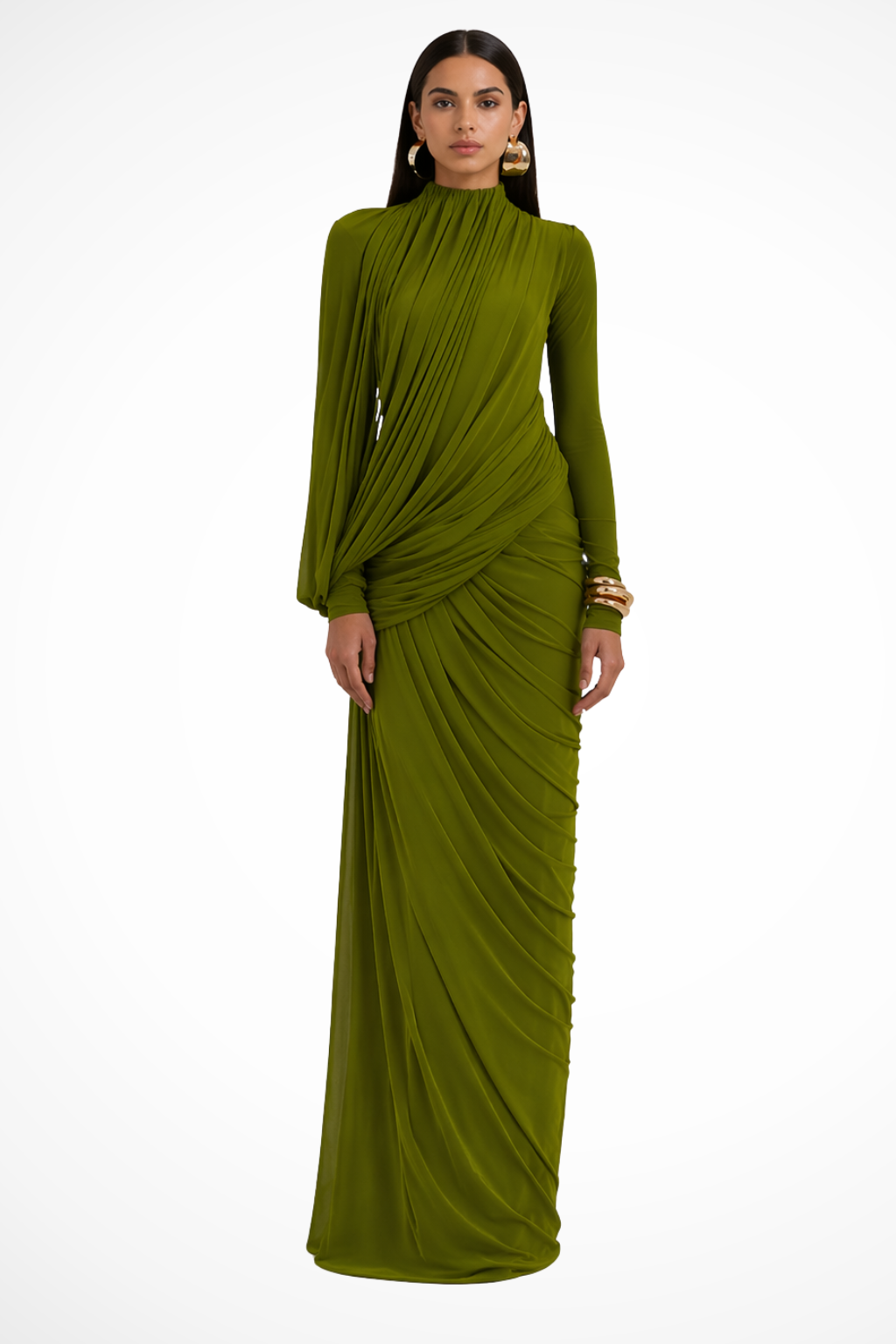 Women's Elegant Draped Maxi Dress | Sophisticated High Neck Long Sleeve Formal Gown 3