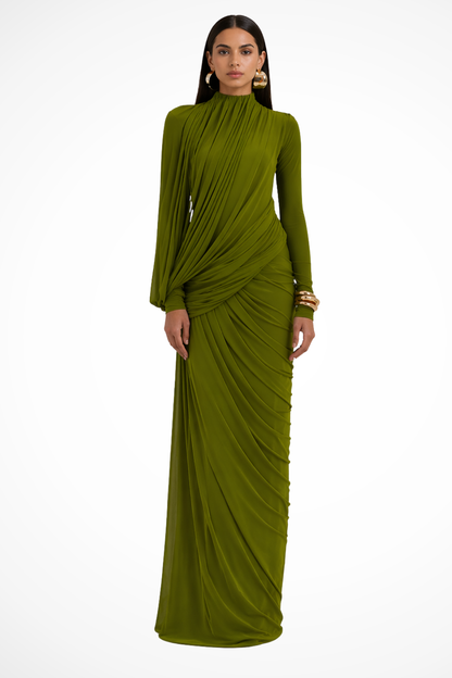 Women's Elegant Draped Maxi Dress | Sophisticated High Neck Long Sleeve Formal Gown 3