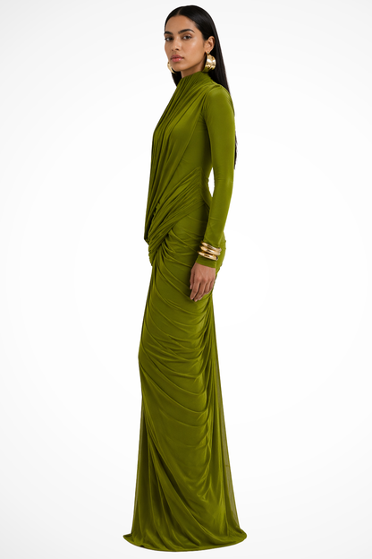 Women's Elegant Draped Maxi Dress | Sophisticated High Neck Long Sleeve Formal Gown 5