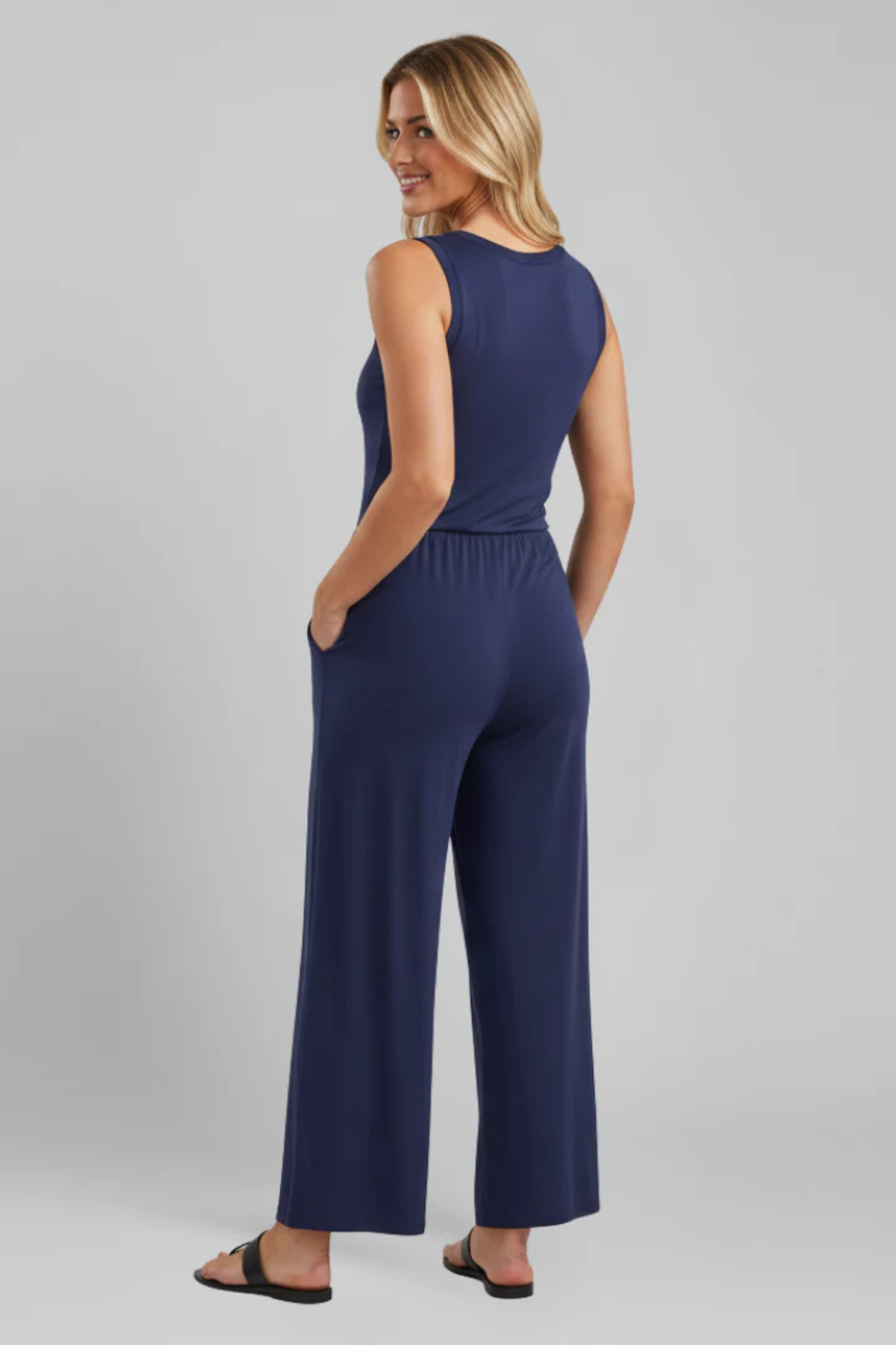 Women's Elegant Fabric Jumpsuit | Sleeveless Wide Leg Design with Pockets 1