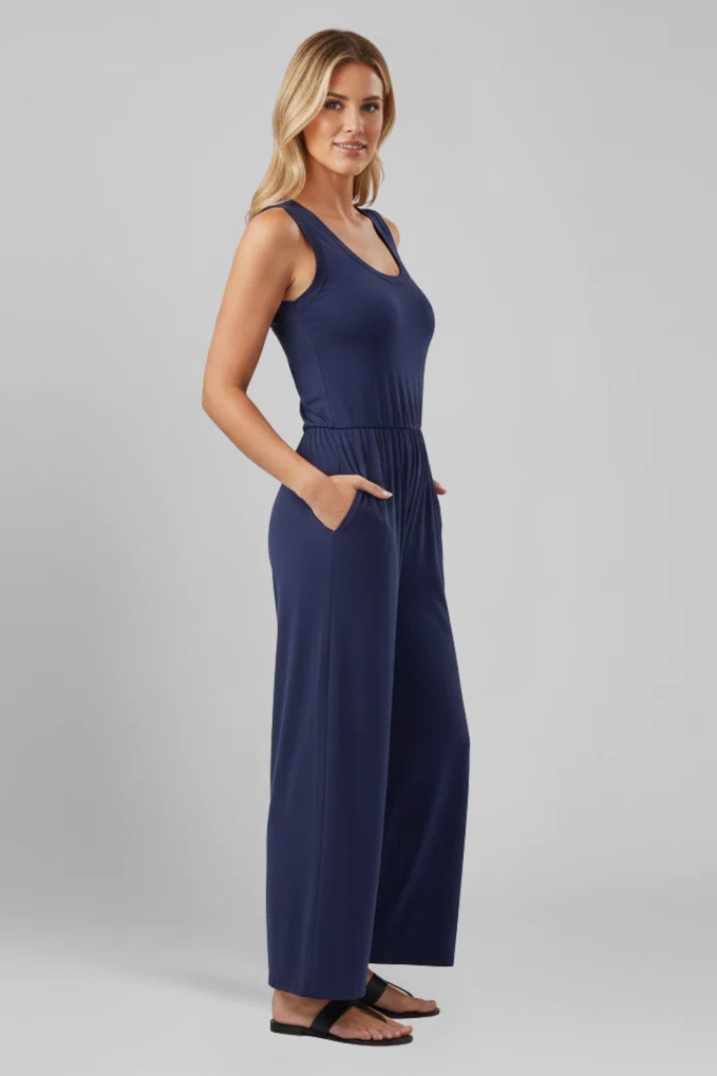 Women's Elegant Fabric Jumpsuit | Sleeveless Wide Leg Design with Pockets 2