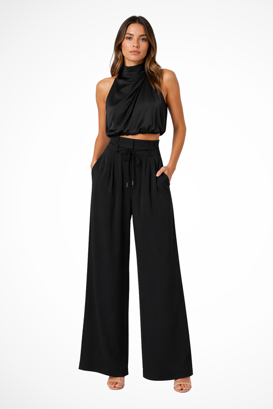 Women's Elegant Halter Neck Co-Ord Set | Chic Two Piece Wide Leg Trousers for Wedding Guest 0