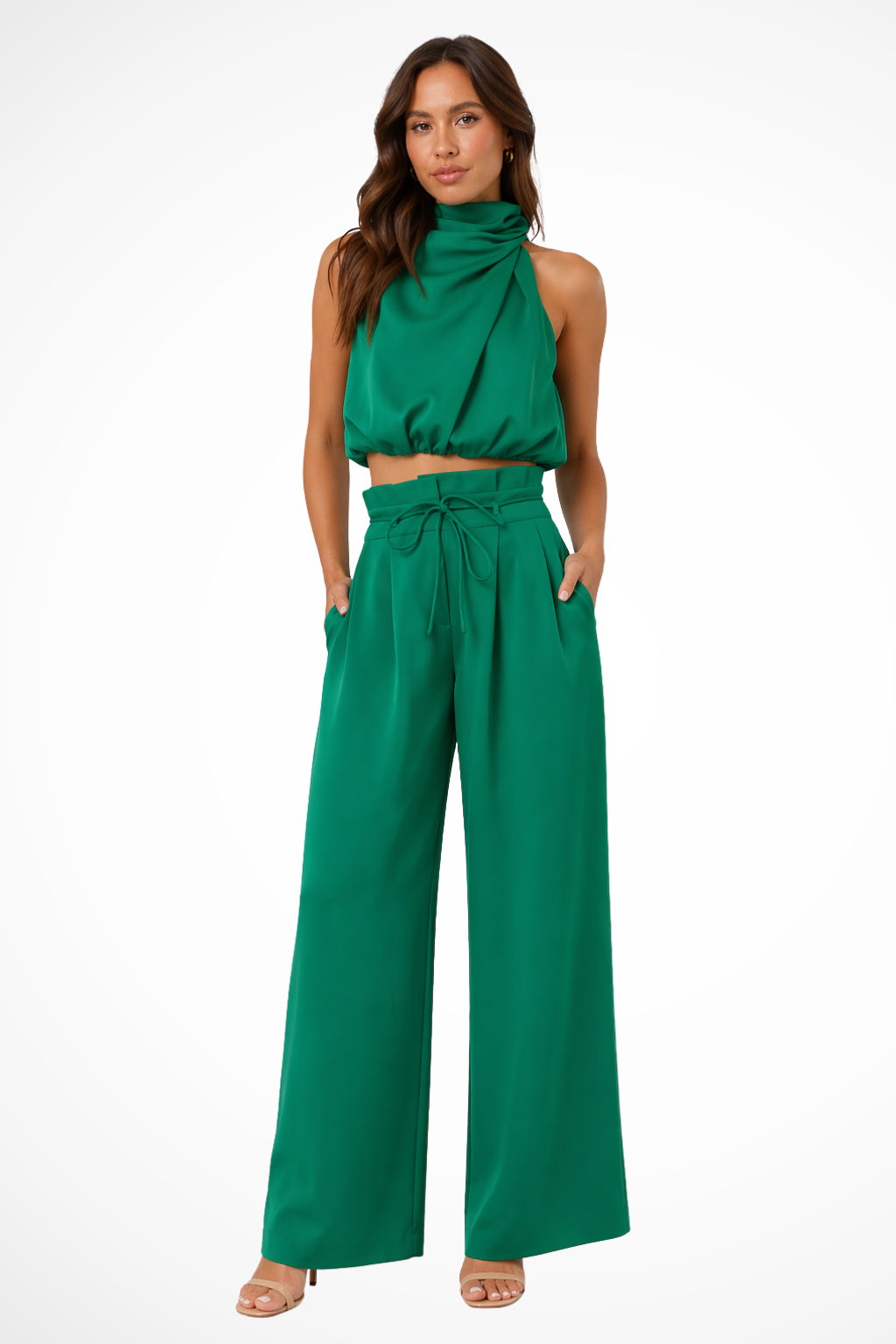 Women's Elegant Halter Neck Co-Ord Set | Chic Two Piece Wide Leg Trousers for Wedding Guest 2