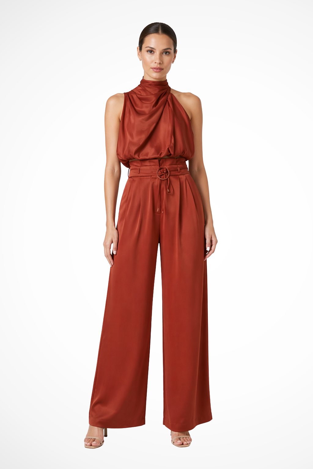Women's Elegant Halter Neck Co-Ord Set | Chic Two Piece Wide Leg Trousers for Wedding Guest 3