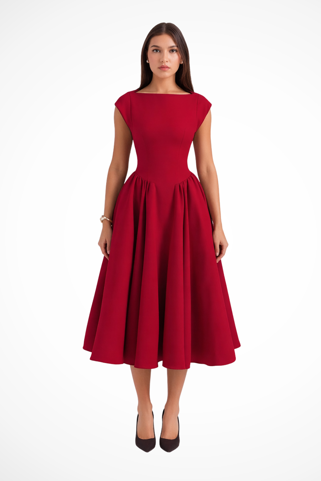 Women's Elegant Midi Dress | Boat Neck Cap Sleeve Formal Cocktail Attire 0