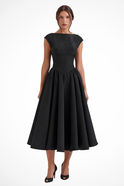 Women's Elegant Midi Dress | Boat Neck Cap Sleeve Formal Cocktail Attire 2