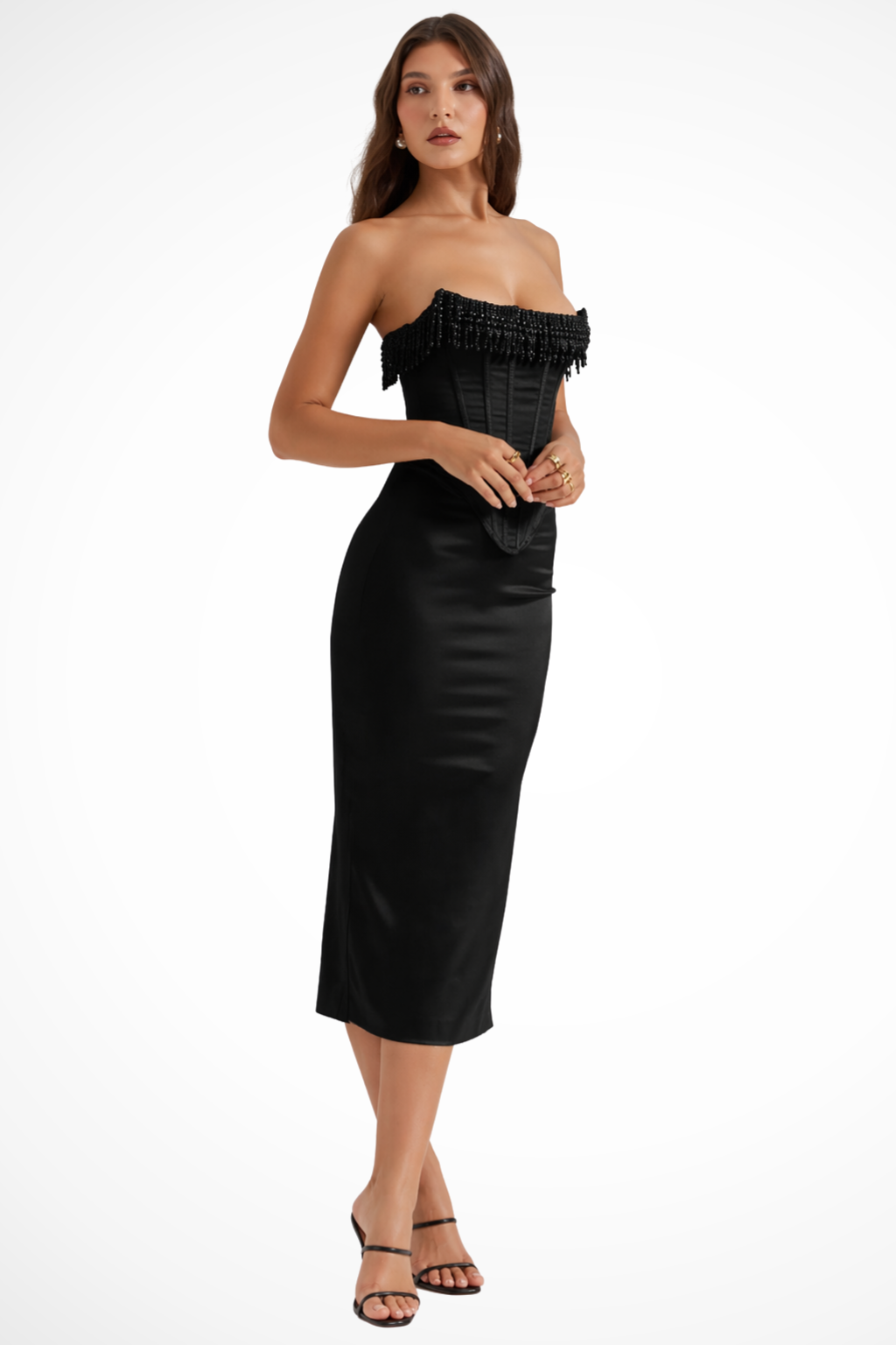 Women's Elegant Pearl Trim Midi Dress | Strapless Corset Formal Cocktail Outfit 3