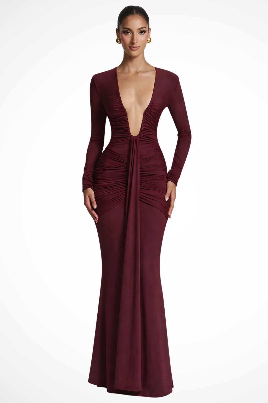 Women's Elegant Ruched Maxi Dress | Long Sleeve Deep V Neck Formal Gown 0