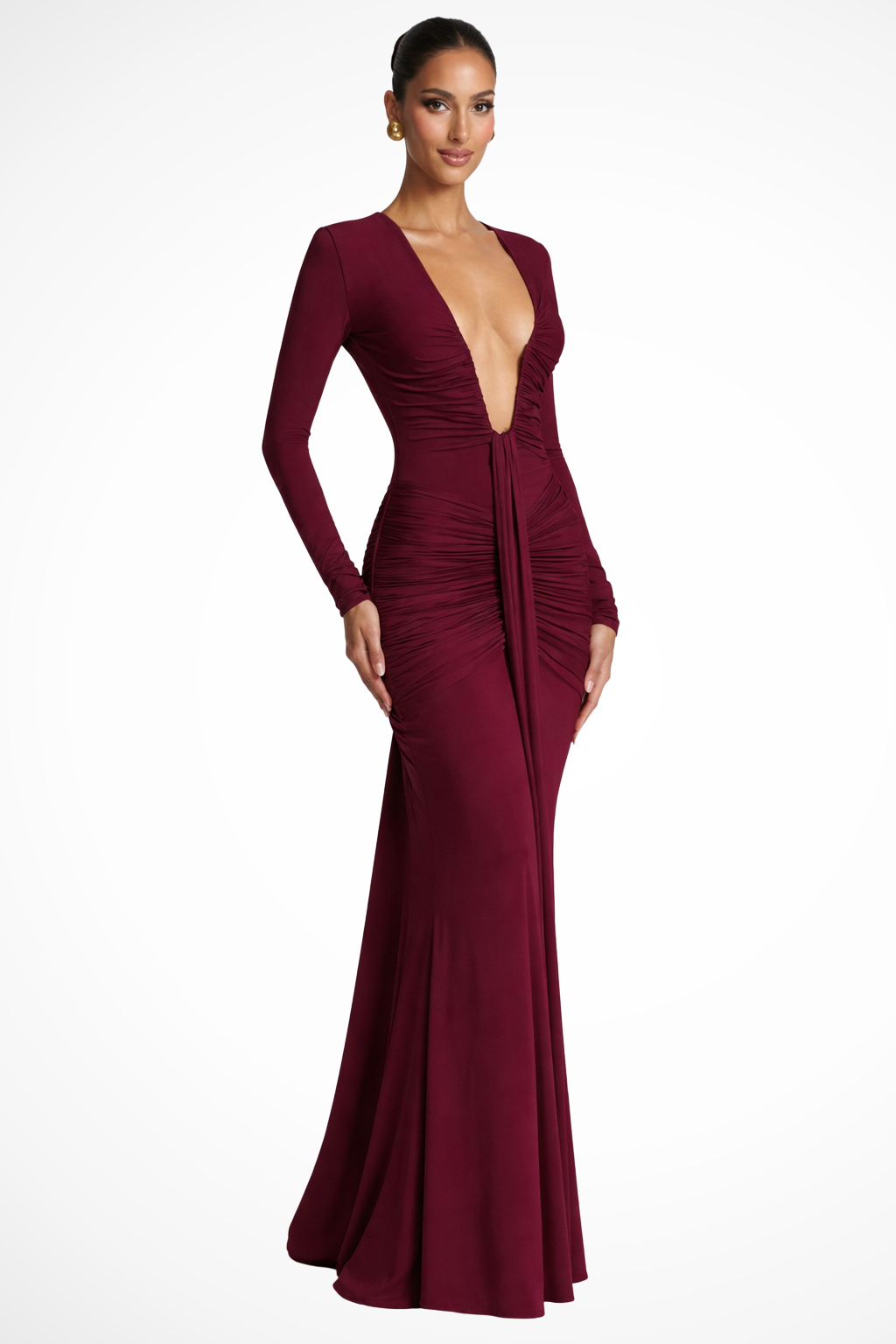 Women's Elegant Ruched Maxi Dress | Long Sleeve Deep V Neck Formal Gown 1