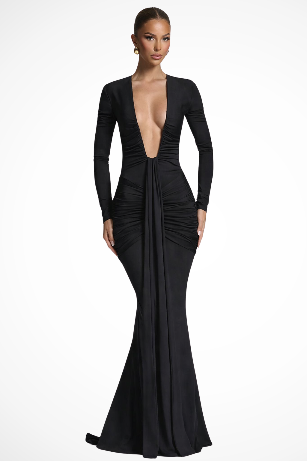 Women's Elegant Ruched Maxi Dress | Long Sleeve Deep V Neck Formal Gown 3