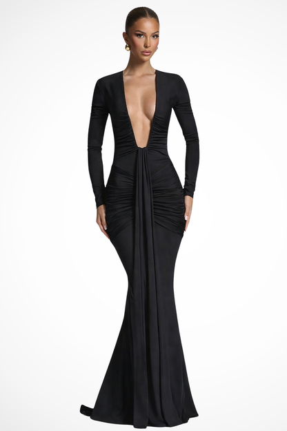 Women's Elegant Ruched Maxi Dress | Long Sleeve Deep V Neck Formal Gown 3