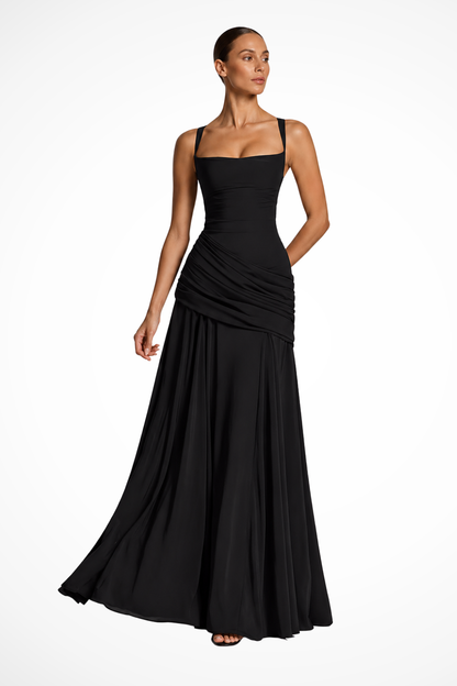 Women's Elegant Ruched Maxi Dress | Sophisticated Square Neck Wedding Guest Dress with Side Slit 0