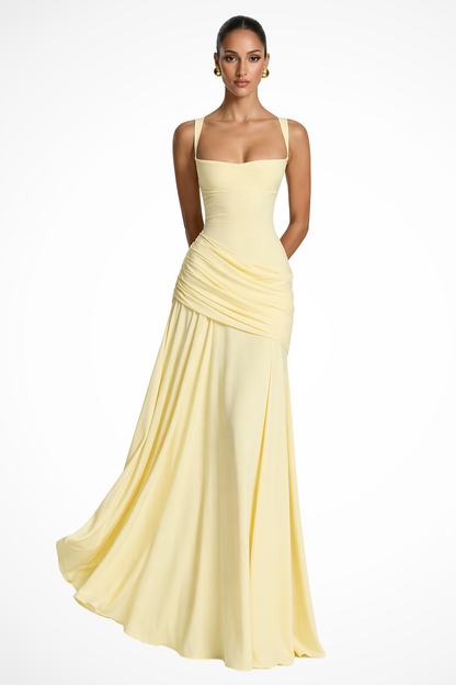 Women's Elegant Ruched Maxi Dress | Sophisticated Square Neck Wedding Guest Dress with Side Slit 1