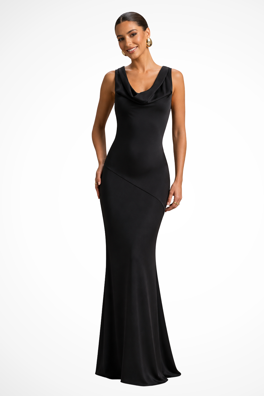 Women's Elegant Satin Maxi Dress | Fitted Cowl Neck Formal Gown 0