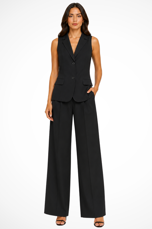 Women's Elegant Tailored Suit Set | Chic Halter Neck Waistcoat & Wide Leg Trousers 0