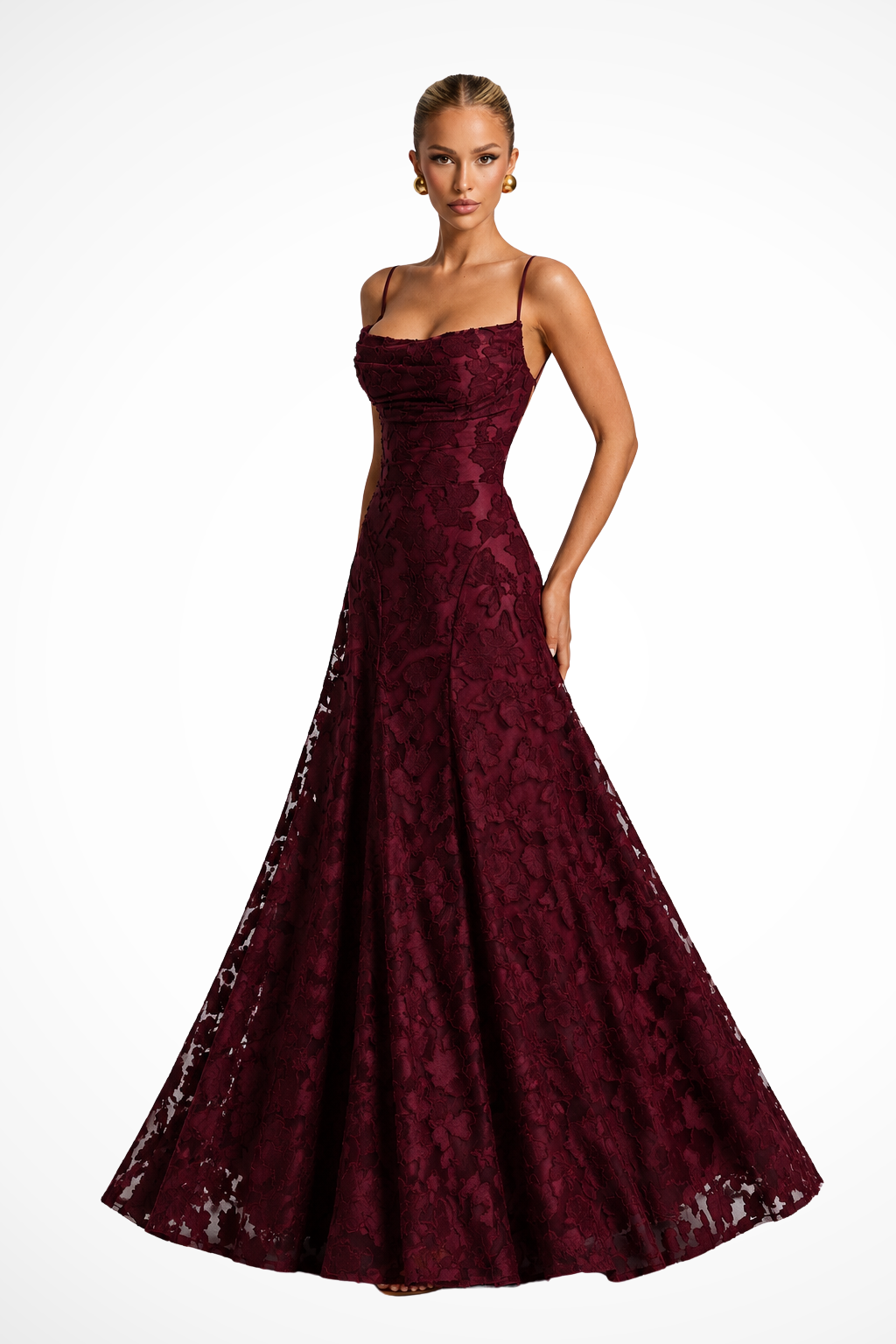 Women's Floral Lace Maxi Dress | Elegant Cowl Neck Formal Gown 8