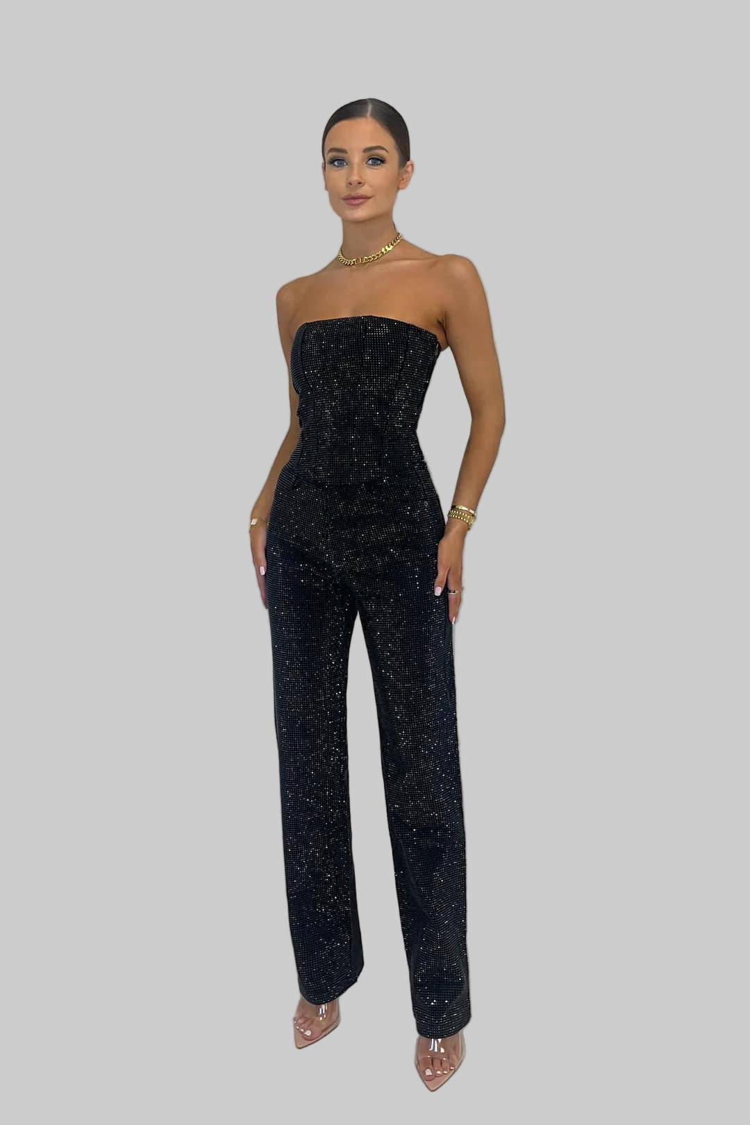 Women's Sequin Wide Leg Jumpsuit - Strapless Sparkly Party Romper