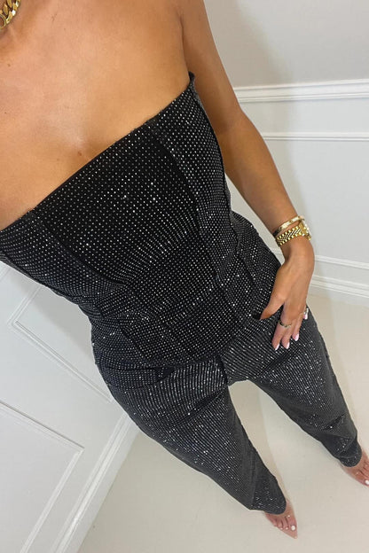 Women's Sequin Wide Leg Jumpsuit - Strapless Sparkly Party Romper