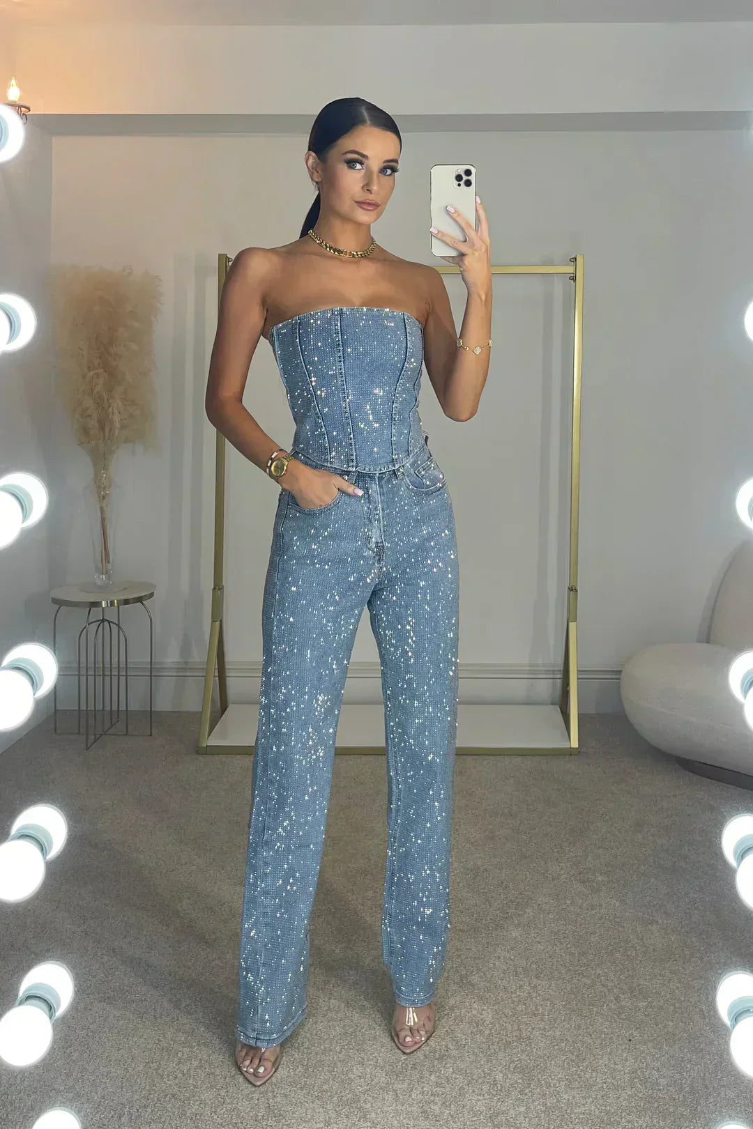Women's Sequin Wide Leg Jumpsuit - Strapless Sparkly Party Romper