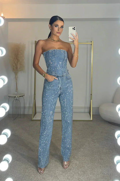 Women's Sequin Wide Leg Jumpsuit - Strapless Sparkly Party Romper