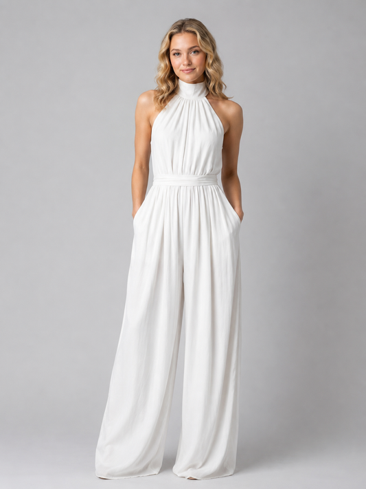 Women's Halter Neck Wide Leg Jumpsuit - Elegant Flowy Evening Romper