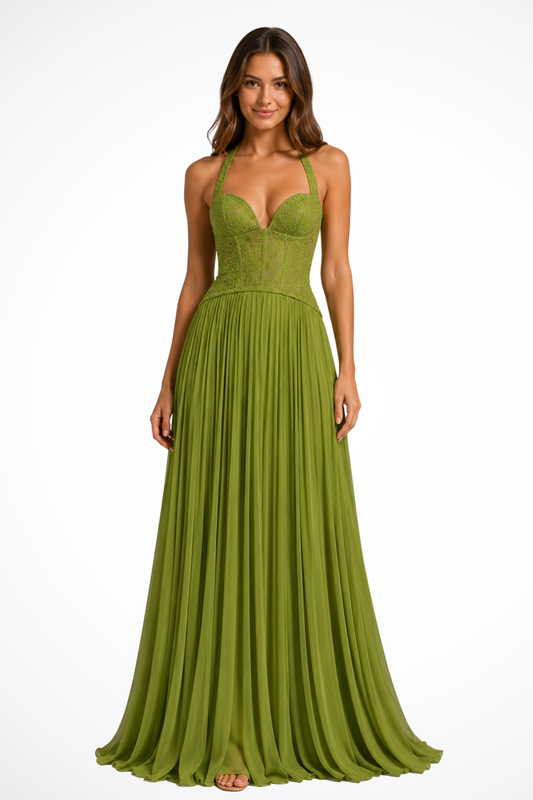 Women's Lace Corset Maxi Dress | Elegant Halter Neck Formal Gown 0