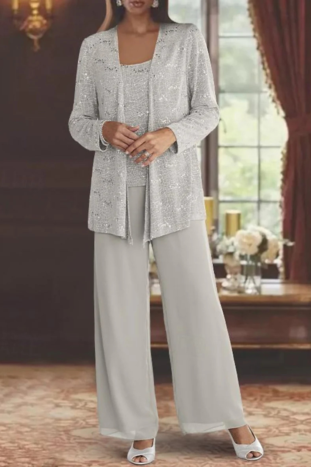 Women's Lace Sequin Three-Piece Suit | Elegant Wide Leg Wedding Guest Outfit 1